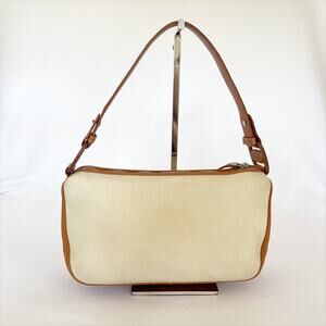FERRAGAMO Vintage Shoulder Handbag Vala Beige Canvas Leather Satchel